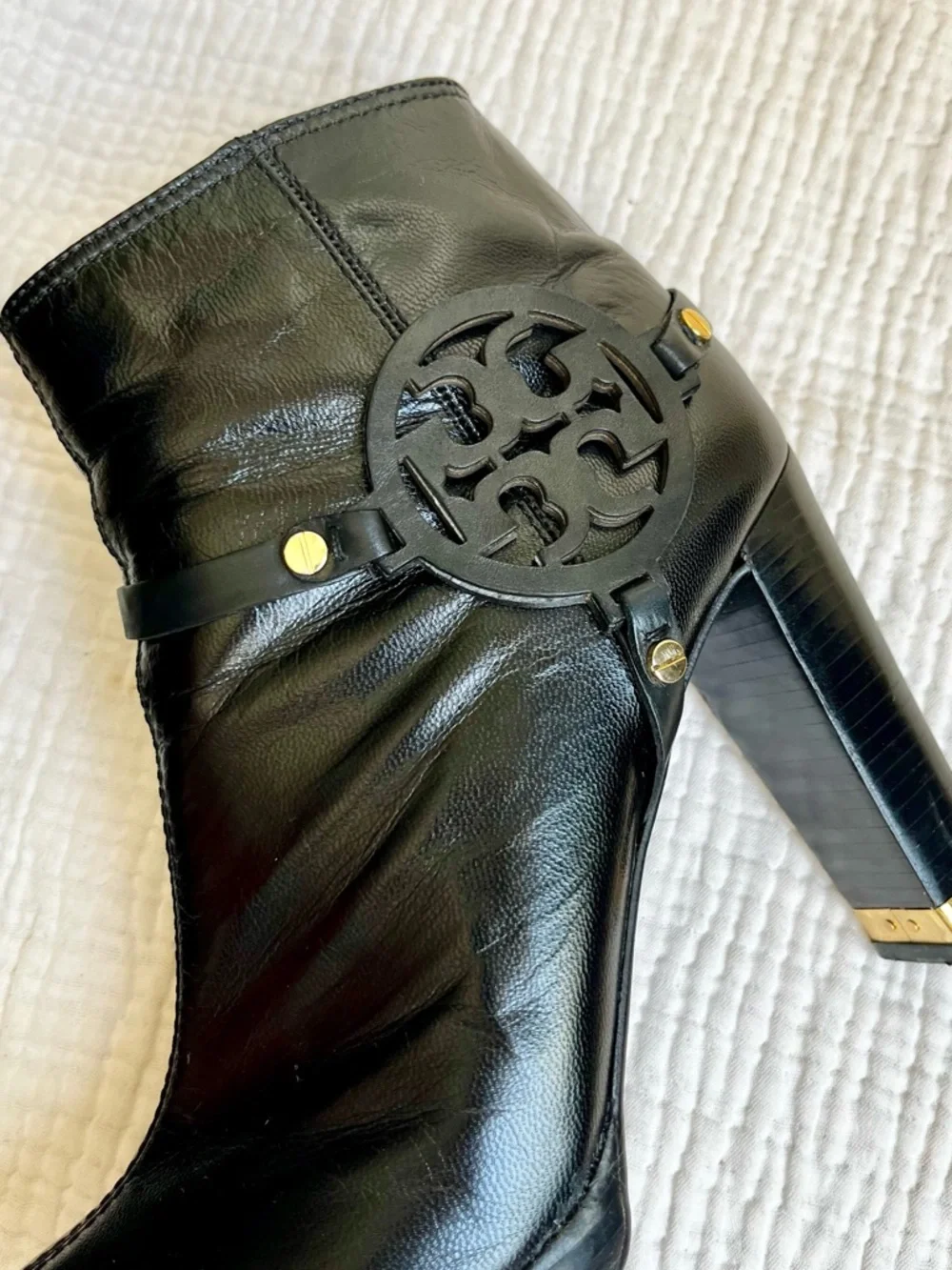 Tory Burch Black Gold Whitney Heeled Logo Ankle Boots Booties Size 10